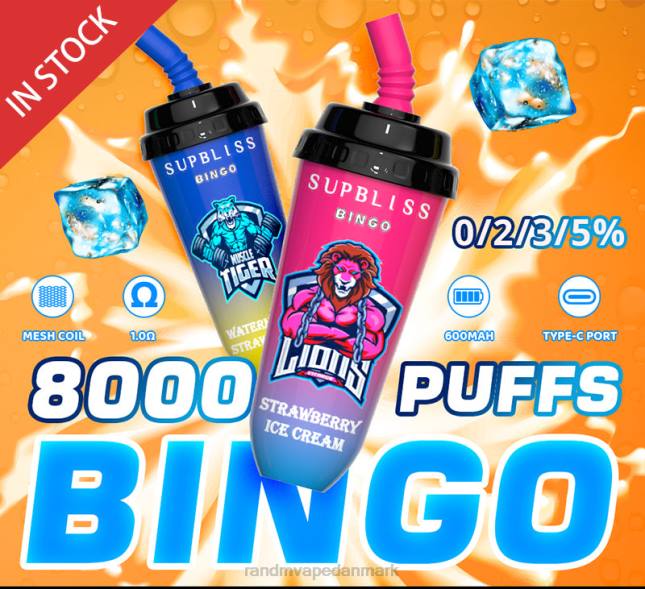 RandM Supbliss Bingo 8000 vape pod enhed 1 stk L06X256 jordbær is - RandM Disposable Vape